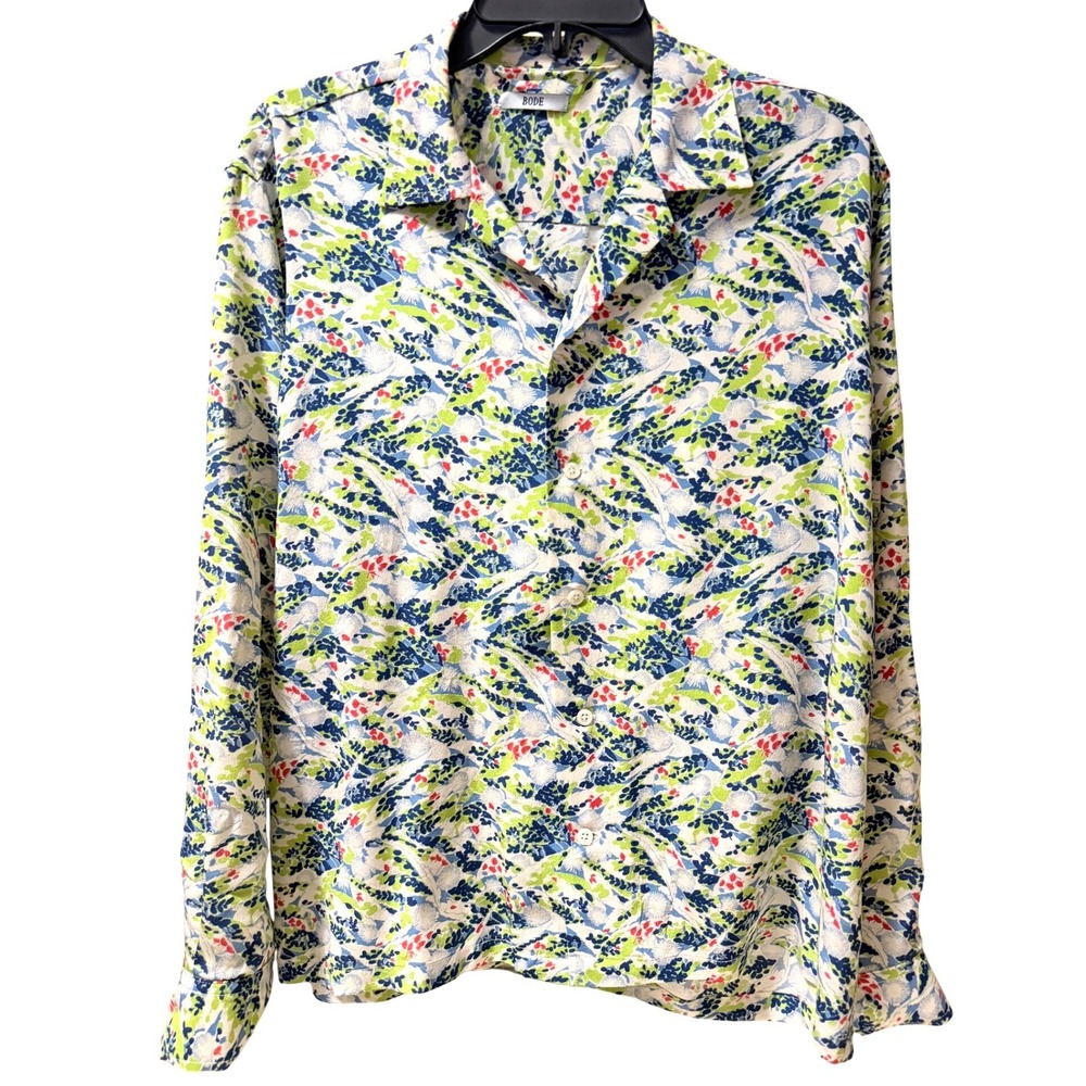 BODE One-of-a-Kind Vintage Fabric Blue Green Floral Button Up Shirt Size M/L
